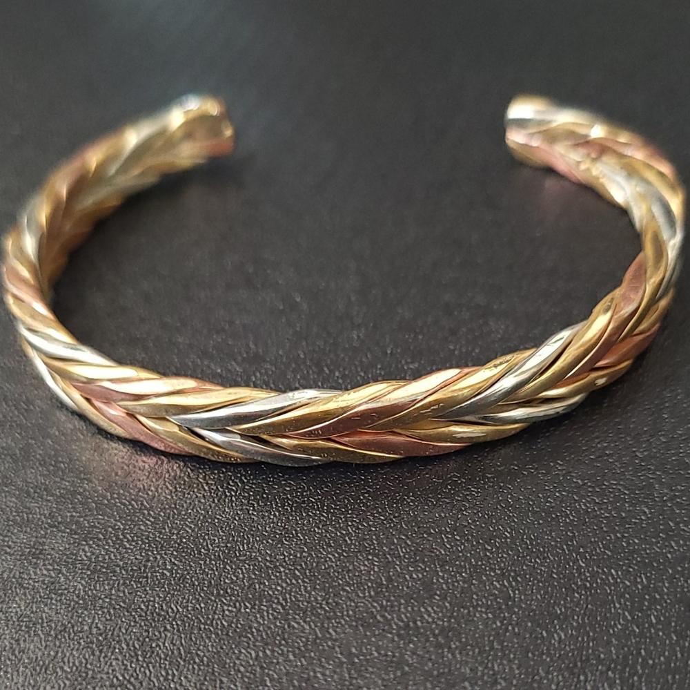 Cuff Bracelet Autumn Wheat Tri Toned Braided Signed Sergio Lub